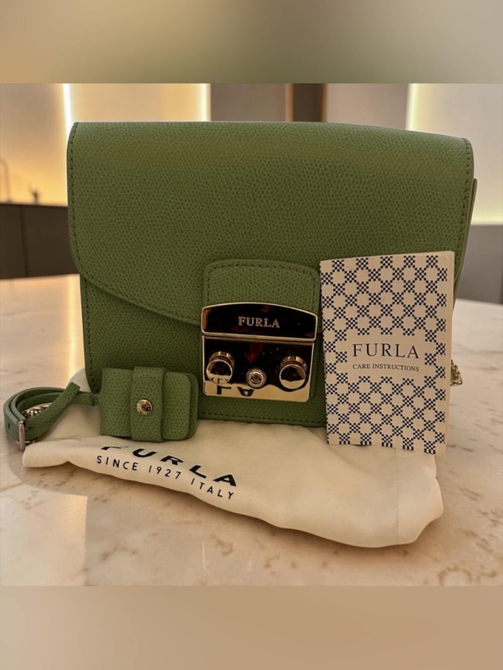 Furla Light Green Metropolis Mini Leather Crossbody with Gold Hardware